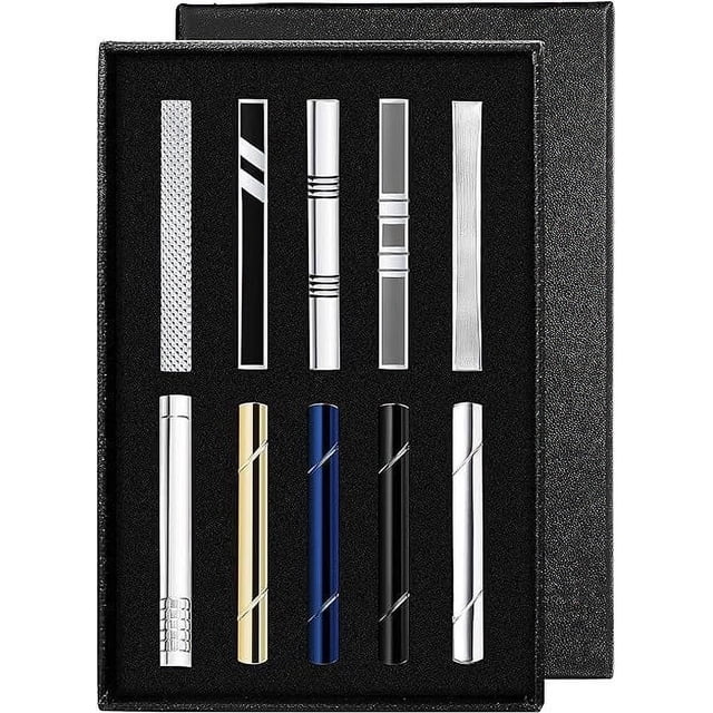Juego de pasadores de corbata para hombre, clip para barra de corbata, negro, plateado, dorado, para bodas, negocios, con caja de regalo