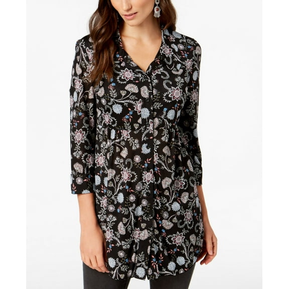 Style & Co Petite Printed Mesh Shirt Deep Black PM