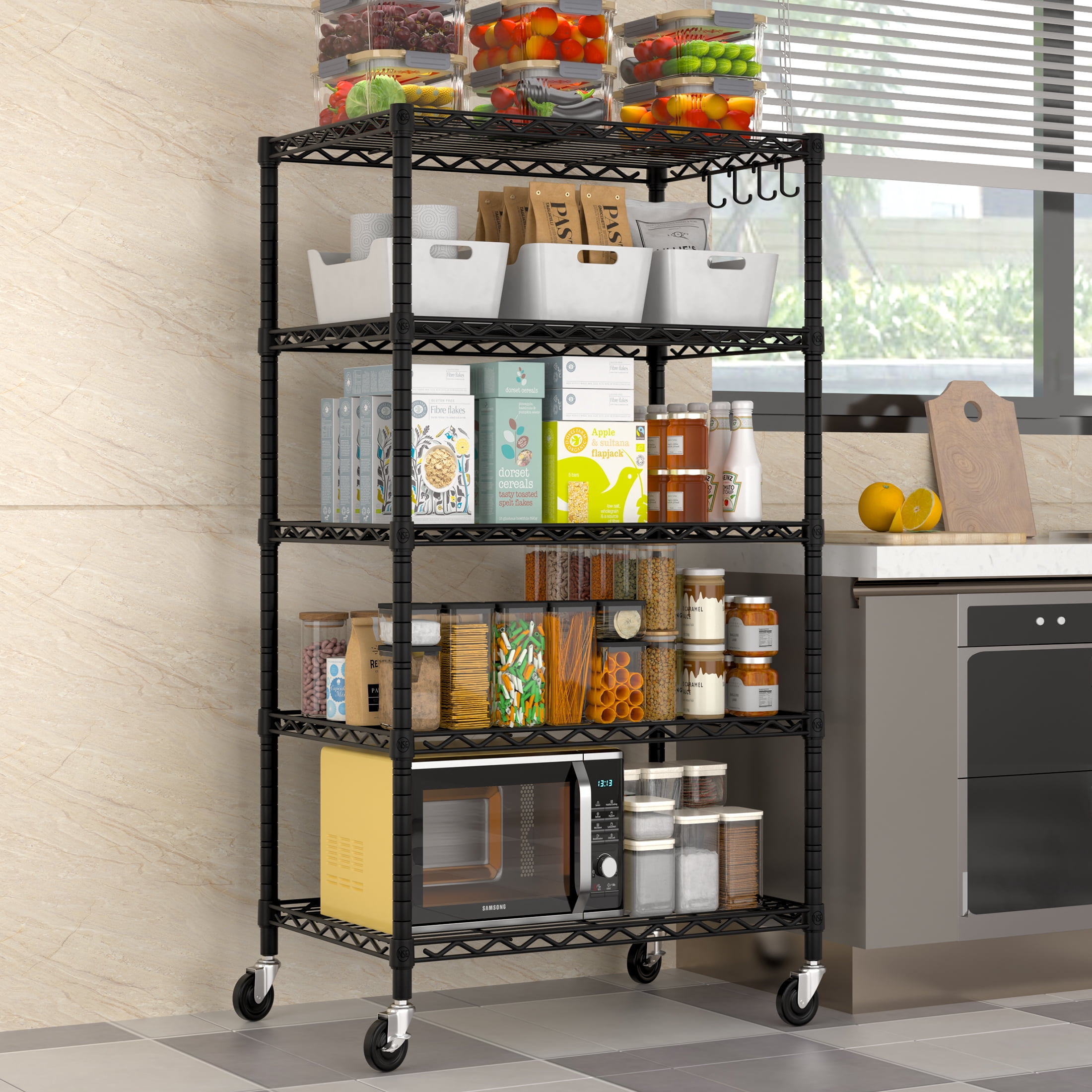 Prilinex 5-Tier Wire Shelving with Wheels 24"W x 18"D x 72"H Adjustable Heavy Duty Steel Wire Rack, Metal Storage Shelves for Kitchen Pantry, Rolling Garage Shelving Unit, Black