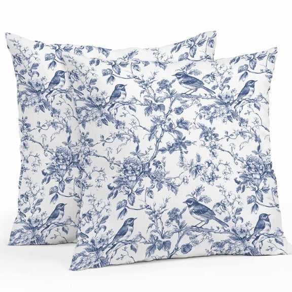 Throw Pillow Covers 24x24 Inch Set of 2, Blue Botanical Waterproof Outdoor Pillow Covers, Vintage Botanical Birds Decorative Cushion Pillowcases for Couch, Sofa, Bed, Garden, Patio
