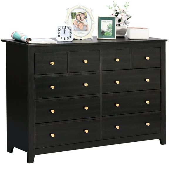 Magic Union 10 Drawer Double Dresser with Metal Handles and Various Size Wide Deep Drawers,Smooth Metal Rail,Modern and Contemporary Wood Dresser Chest for Bedroom,Living Room,Closet,Black