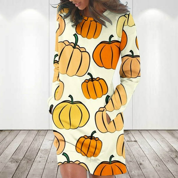 ICHUANYI Clearance Women's Fashion Long Sleeve Print Round-Neck Ladies Holiday Outing Long Dress(Yellow, XXL) ICHUANYI WER2023081512888