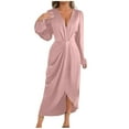 thumbnail image 2 of YueHuiYing Women's Solid Color Long Sleeve V-Neck Waist Split Formal Cocktail Wedding Guest Satin Dresses, 2 of 8