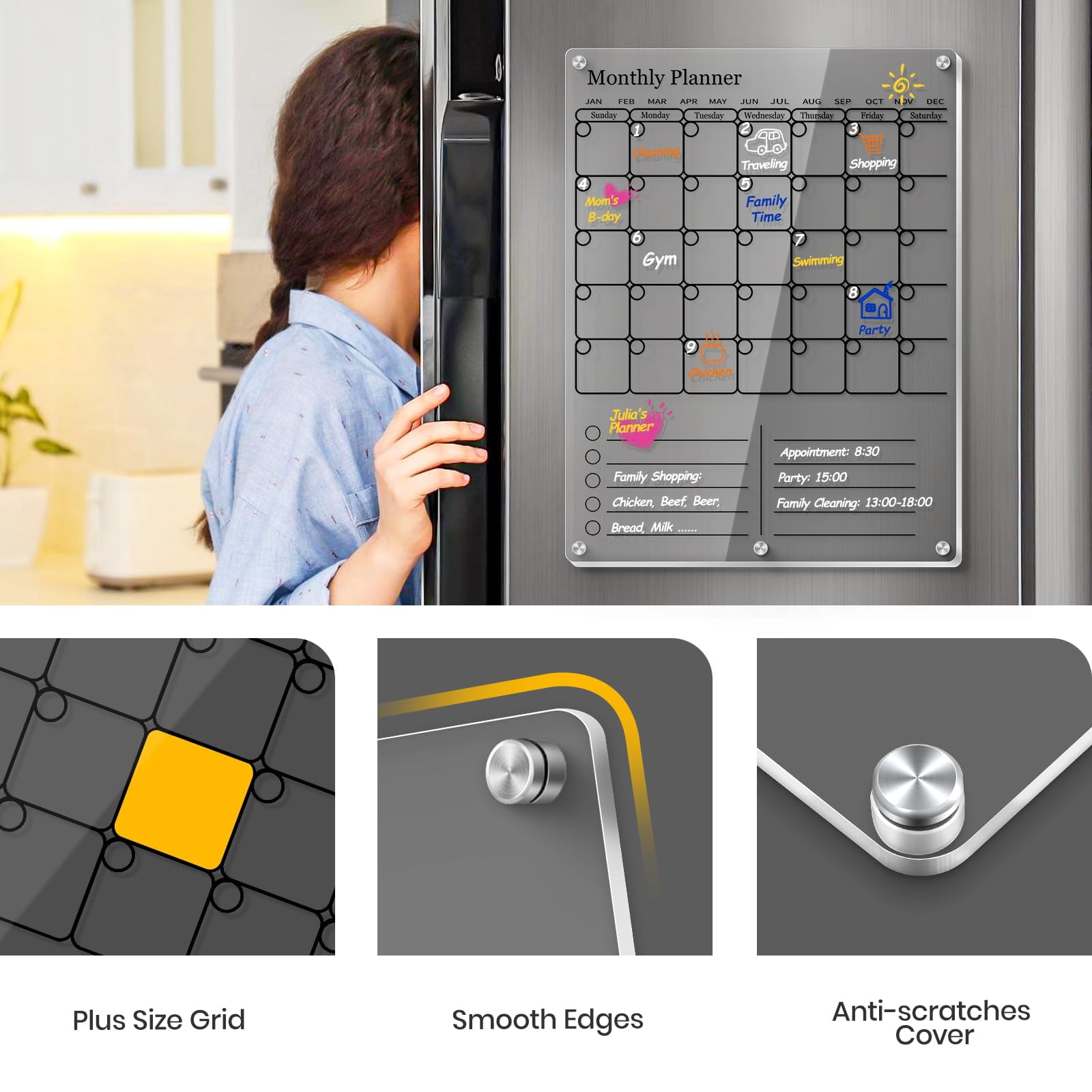 Clear Acrylic Magnetic Calendar for Refrigerator- Sleek Dry Erase Board & Chore Chart for Fridge, Perfect Family Organizer, Includes 5 High-Contrast Markers for Stainless Steel & White Kitchens