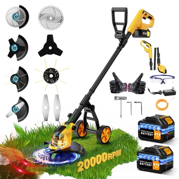 Lemolifys Electric Weed Wacker, Cordless String Trimmer with Wheels, 2Pcs 3000 mAh Batteries, 4 Types of Blades, Adjustable Length, Heavy Duty Electric lawn mower for Yard Garden, W2/Yellow