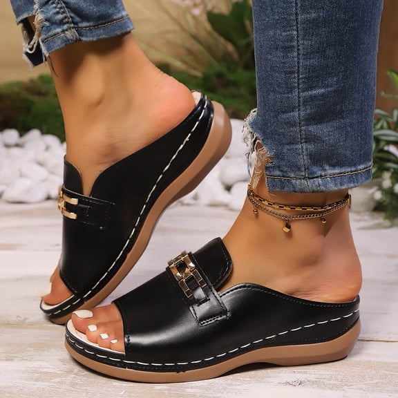 Xdegoge Mules for Women Wedge Slide Sandals Peep Toe Classic Horsebit Hardware Backless Slip On Dressy Casual Office Summer Comfort Daily Walking Shoes