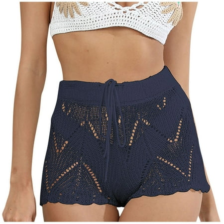gakvbuo Swim Board Shorts For Women High Waisted Bikini Shorts Quick Dry Drawstring Beach Sheer Hollow Out Crochet Shorts Bathing Cover Up Beachwear