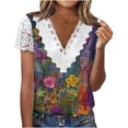 thumbnail image 2 of PNTUTB Women's Summer Fashion Print Casual Loose Comfortable V Neck Pullover Lace Cutout Short Sleeve T Shirt, 2 of 6