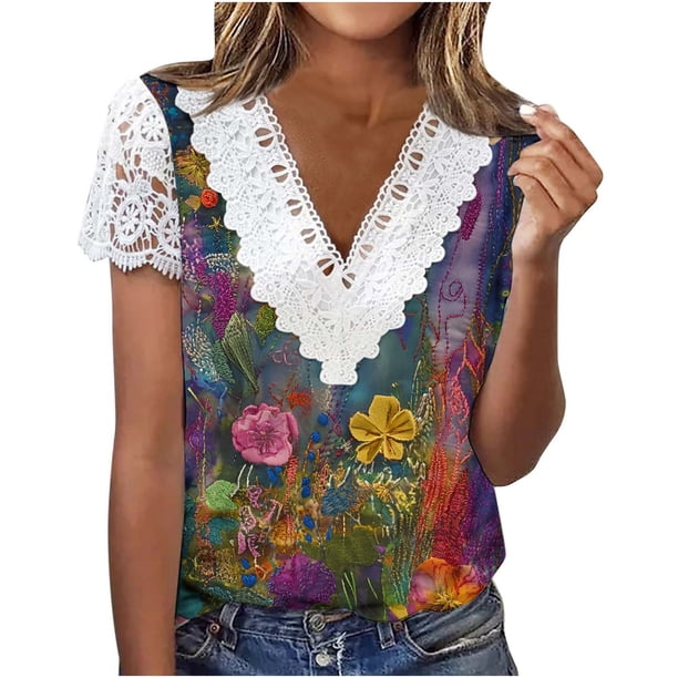 Tops de Manga Corta Cuello en V para las Mujeres Plegar Impreso Botón Abajo Blusa de Verano Casual, Tops de Verano de las Mujeres Cuello en V con Mangas Cortas