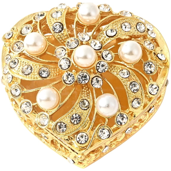 Heart Shape Jewelry Box for Women, Zinc Alloy Trinket Organizer, Plated Gold with Rhinestones, Faux Pearl Embellishments, Ornate Design, Ring Earring Keepsake Storage Box, Wedding Birthday Gift