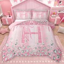 Homewish Monogrammed H Theme Full Size Comforter Sets,Cartoon Stereoscopic Diamond Bedding Comforter Set,Pink Sparking Print Bedding Sets For Girl Teens,Ultra Soft Bedroom Decor Reversible,3-Piece