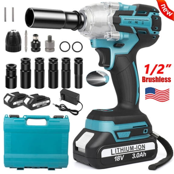 1/2" Impact Wrench with 2x3.0Ah Batery Cordless Brushless Motor for Makita 18V