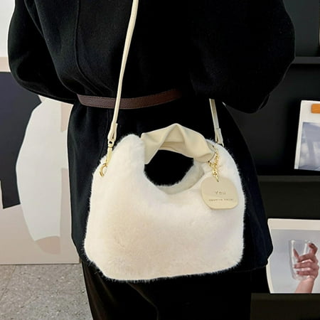 Woman Soft Plush Handbag Shoulder Bag Casual Top Handle Adorable Ladies Comfortable Purse Lightweight Multifunction Pouch for Vacation Party Beige