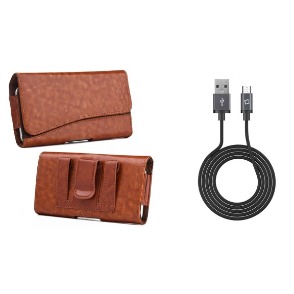 Bemz Accessory Bundle for Alcatel TETRA - Executive PU Leather Holster Card Slot Carrying Case (Brown) with 2.0 Fast Sync/Charging Micro USB Charger Cable (3.3 Feet) and Atom Cloth