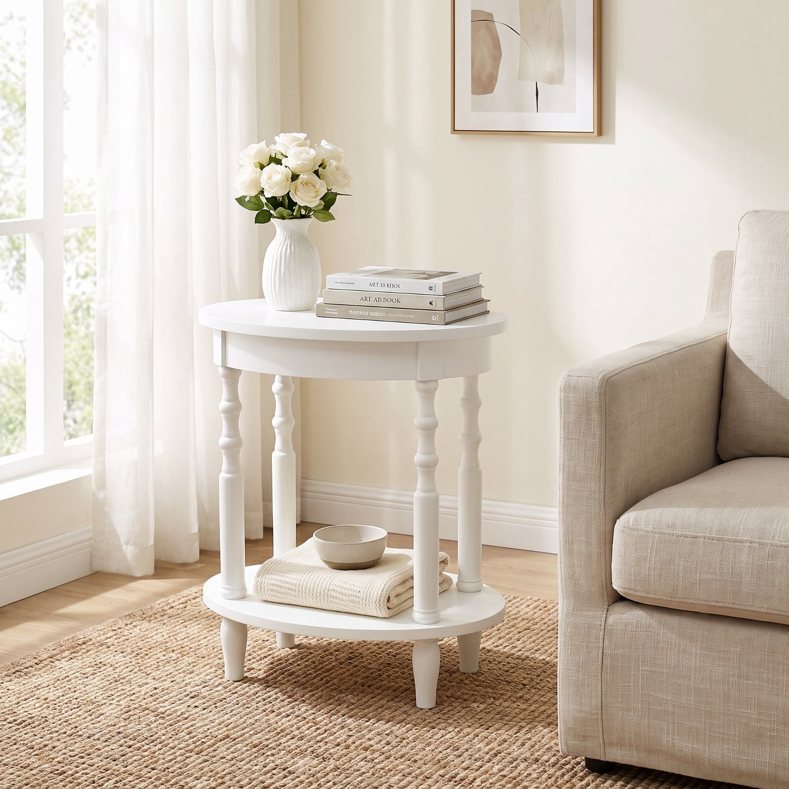 Furnibear 2 Tier Oval Side Table with Storage Shelf and Solid Rubber Wood Legs for Living Room Bedroom and Home Office, White