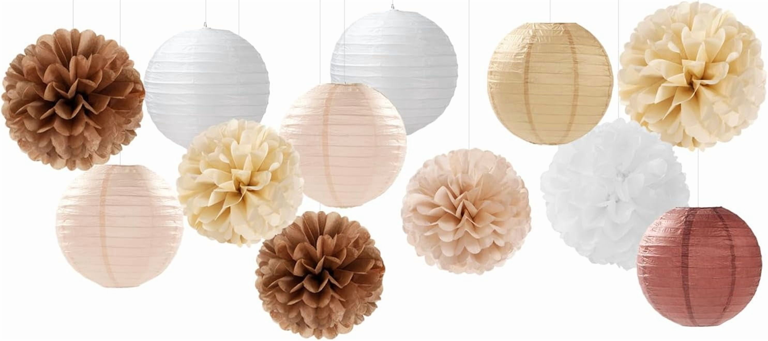 NestE-Boho Rustic Wedding Party-Decorations Paper Flowers Lanterns - 15PCS Fall Baby Shower Gender Neutral Streamers,Brown Champagne White Tissue Pom Poms,Autumn Birthday Bridal Decor