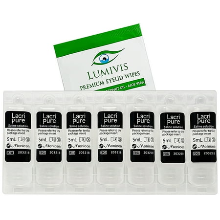 Menicon LacriPure Rinsing & Insertion Saline 7 Vials for Rigid Gas Permeable Contact Lenses - Bundle with Tea Tree Oil Eyelid Eyelash Wipes