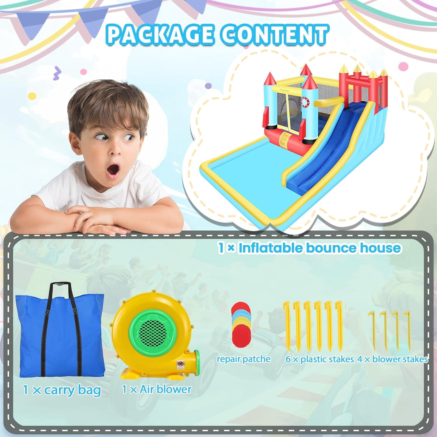 Veeboto Bounce House with Blower, Inflatable Water Slide with Climbing Wall, Pool/Ball Pit, Double Slide and Bouncing Area, 5-in-1 Indoor/Outdoor Bouncy Castle for both Dry and Wet, Durable PVC