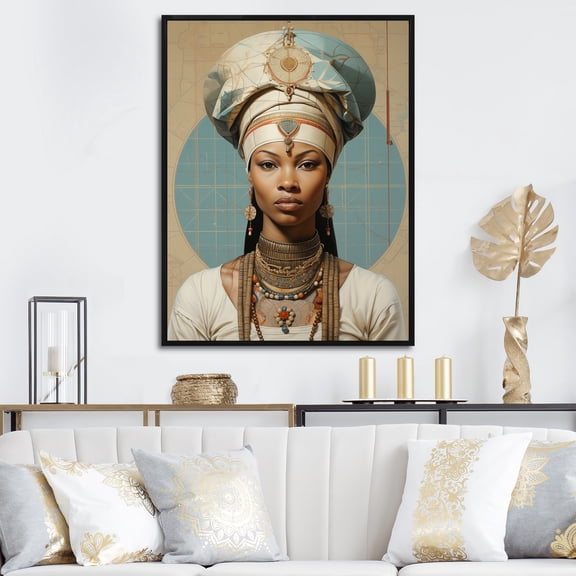Designart "African Beauty Blue and Beige Portrait" Fashion Framed Wall Art - Glam Brown Woman African Hallway Framed Wall Art Decor