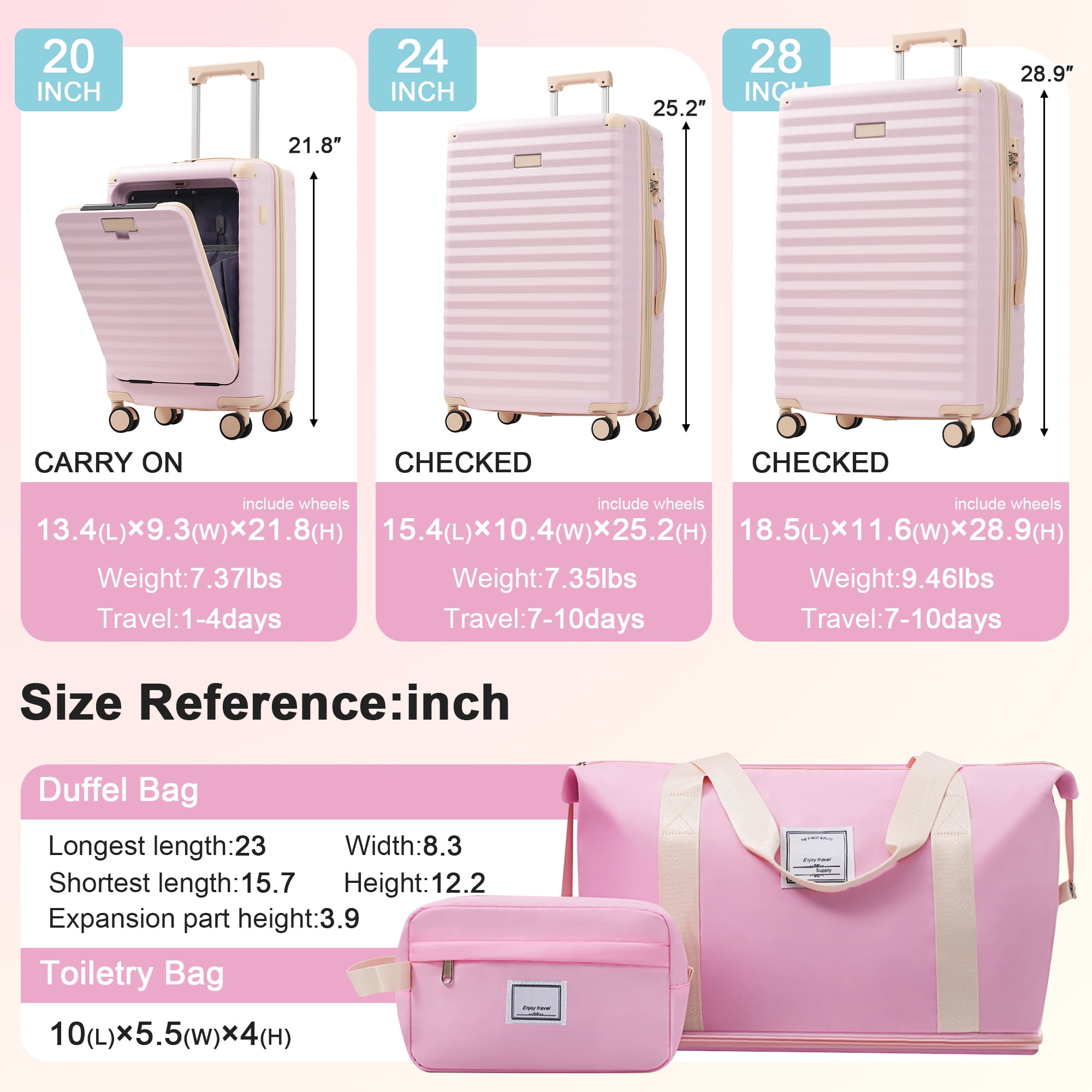 MAYEERTY 5-Piece Minimalist Luggage Set - 20" Front Opening Carry-On with USB/Cup Holder + 24"+28" Expandable + Duffel & Toiletry Bag