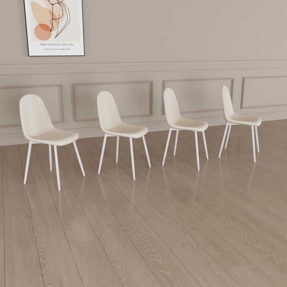 JUYG 4-Pack Beige Linen Dining Chair, Spoon Shape, White Legs