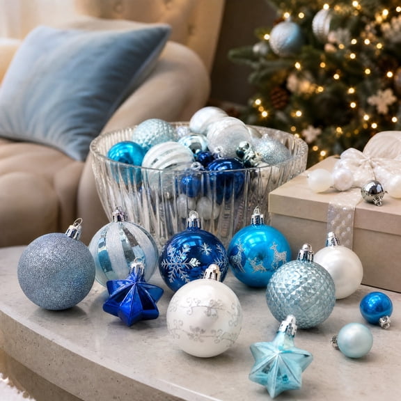 Kojanyu 16Pcs Christmas Ornaments Blue & White 6cm Plastic Shatterproof Tree Decorations with Star Topper and Merry Christmas Sign Gift Box