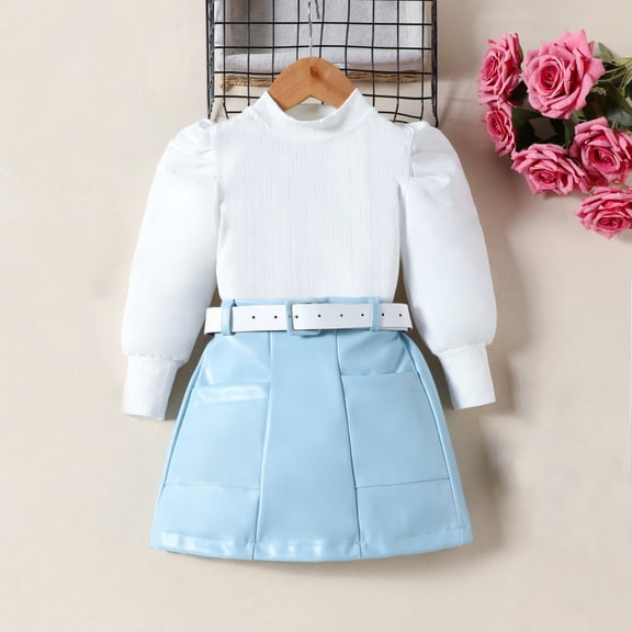 European and American Children's Clothing Small and Middle School Girls Fashion Suit Puffy Sleeve Top pu Leather Skirt Belt Three Set