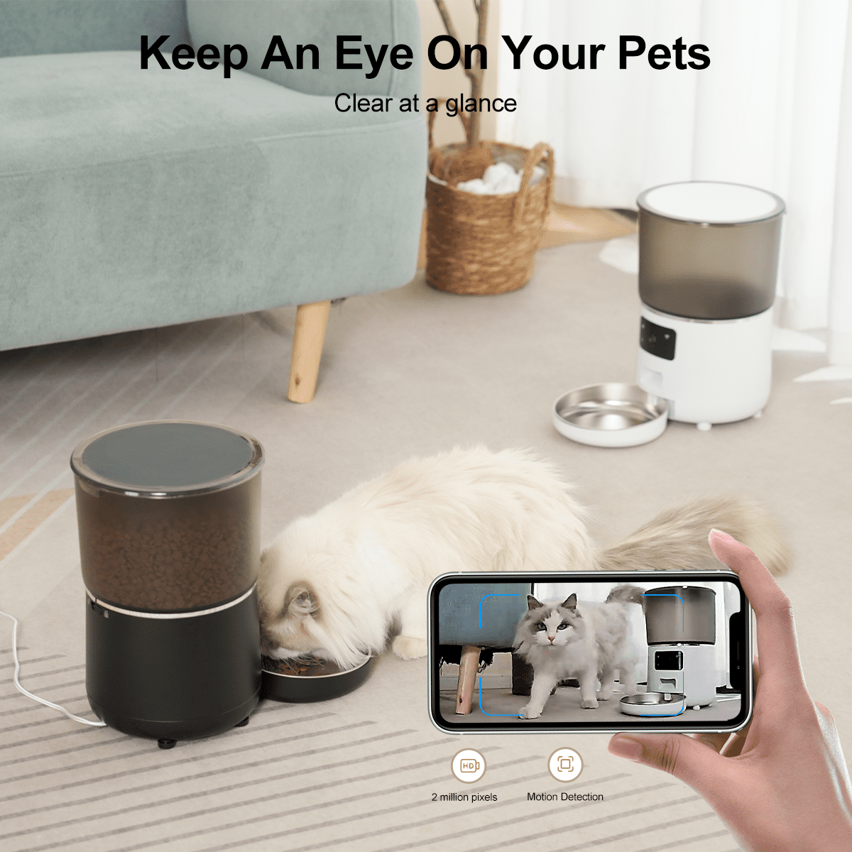 NPET TUYA APP Remote Control Automatic Cat Feeders with Camera, 135oz/4L Clog-Free Automatic Dog Feeder with Stainless Steel Bowl, Anti-bite Cable for Cats, Small & Medium Dogs(Black)