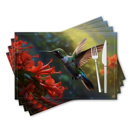 

BaHomeck placemats Set of 4 rectangle Linen Cotton Placemats for Dining Table Washable Heat Resistant 18*12inch Beautiful Hummingbird Hovers Among Flowers