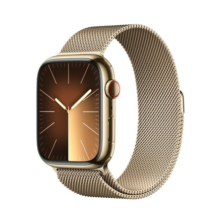 Apple Watch Series 9 With Blood Oxygen. GPS + Cellular 45mm Gold Stainless Steel Case with Gold Milanese Loop.