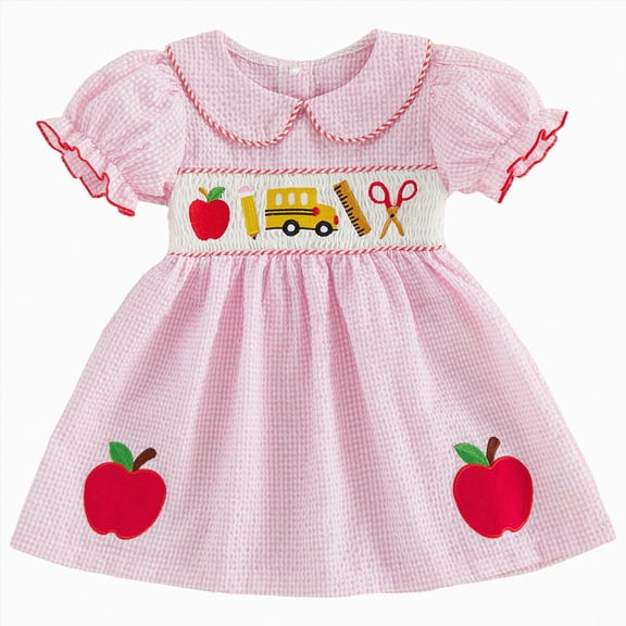 Duqingm Toddler Baby Girl Back to School Outfit Apple Sleeveless Dress Fly Sleeve Smocked Dresses Girls Summer Clothes Dresses for Toddler Girls Pink,3-4 Years