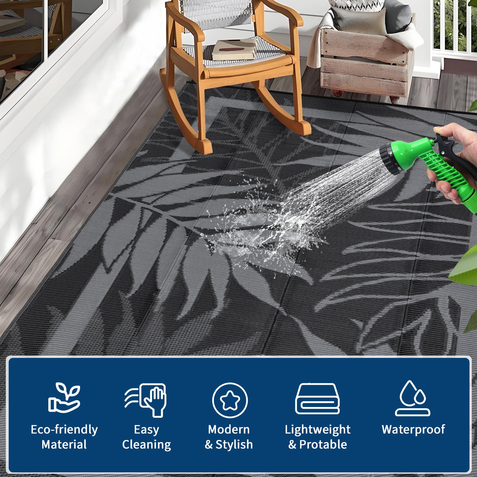 Nanan 9'x18' Outdoor Rug, Modern Leaf Print Waterproof Patio Rug, Outdoor Reversible Plastic Straw Rug for Camping, Deck, Bench, Picnic, RV, Black White