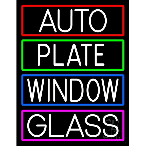 Auto Plate Window Glass With Border LED Neon Sign 24 x 31 - inches, Clear Edge Cut Acrylic Backing, with Dimmer - Bright and Premium built indoor LED Neon Sign for automotive store, and mall.