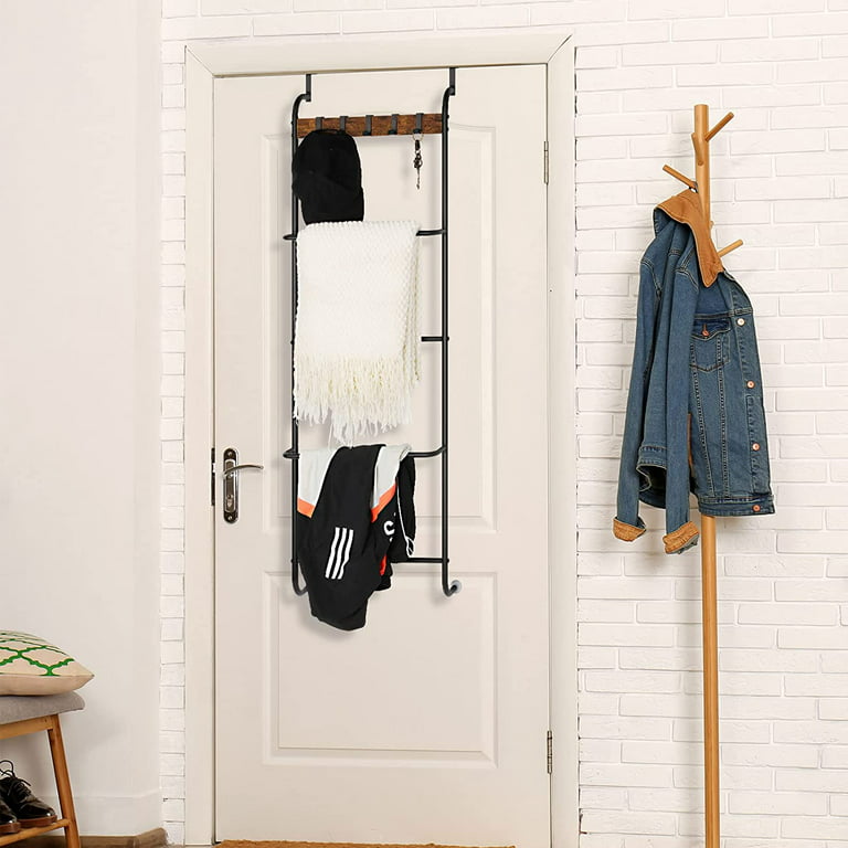 BTY Over The Door Hooks Organizer Hanger Metal Door Towel Hook Rack with 5  Hooks and 2 Baskets Door Coat Rack Storage Organizer for Bedroom Bathroom