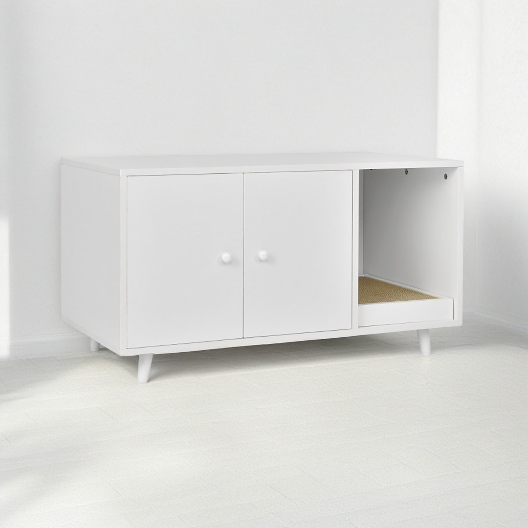 Pefilos 35" Hidden Cat Litter Box Enclosure with Divider and Double Doors, Cat House Washroom Furniture, White