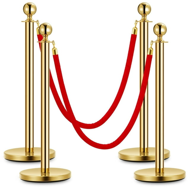 Towallmark Elegant Gold Stanchion Posts Set - 4 Posts with 2 Red Ropes, Stainless Steel, 37.5 Inch Tall, Weighted Base, 5ft Rope for Queue Control, VIP Events, Hotels, Banks, Red Carpet Entry