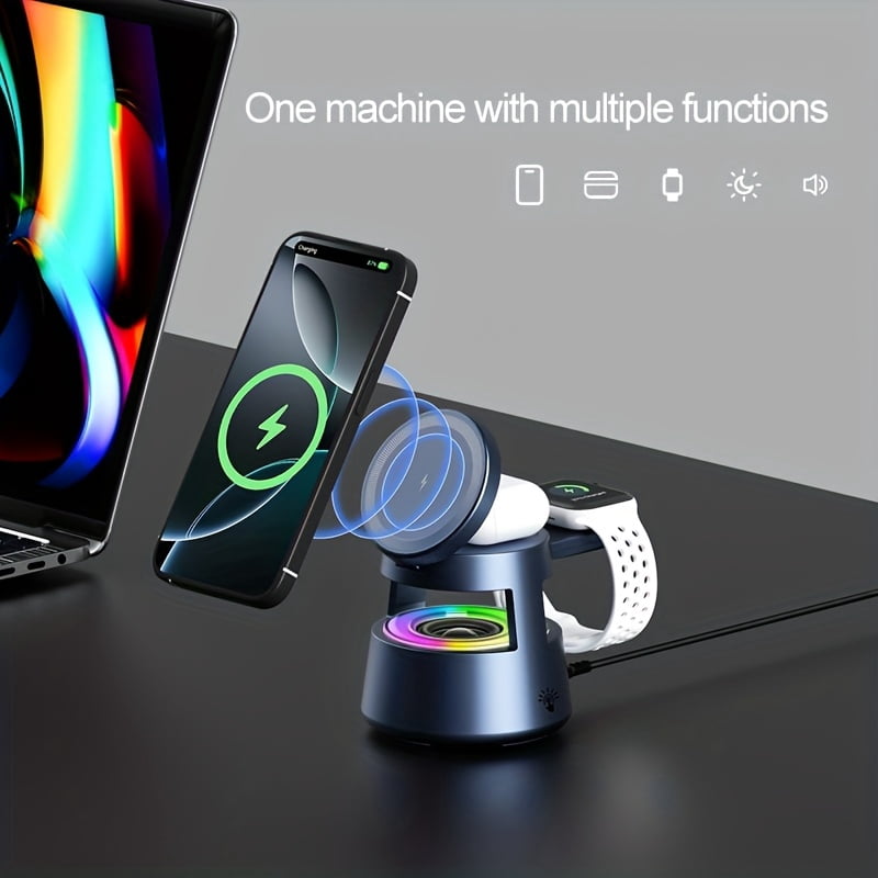 5-in-1 Magnetic Wireless Charger Stand with 15W Fast Charging, LED Night Light & Home Hub - for iPhone 17/16/15/14 Pro Max Mini, Apple Watch 9/8/7/SE/6/5/4/3/2, Airpods 3/2/pro - USB-powered
