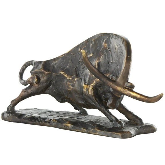 14" x 7" Black Polystone Distressed Textured Bull Sculpture with Gold Accents, by DecMode