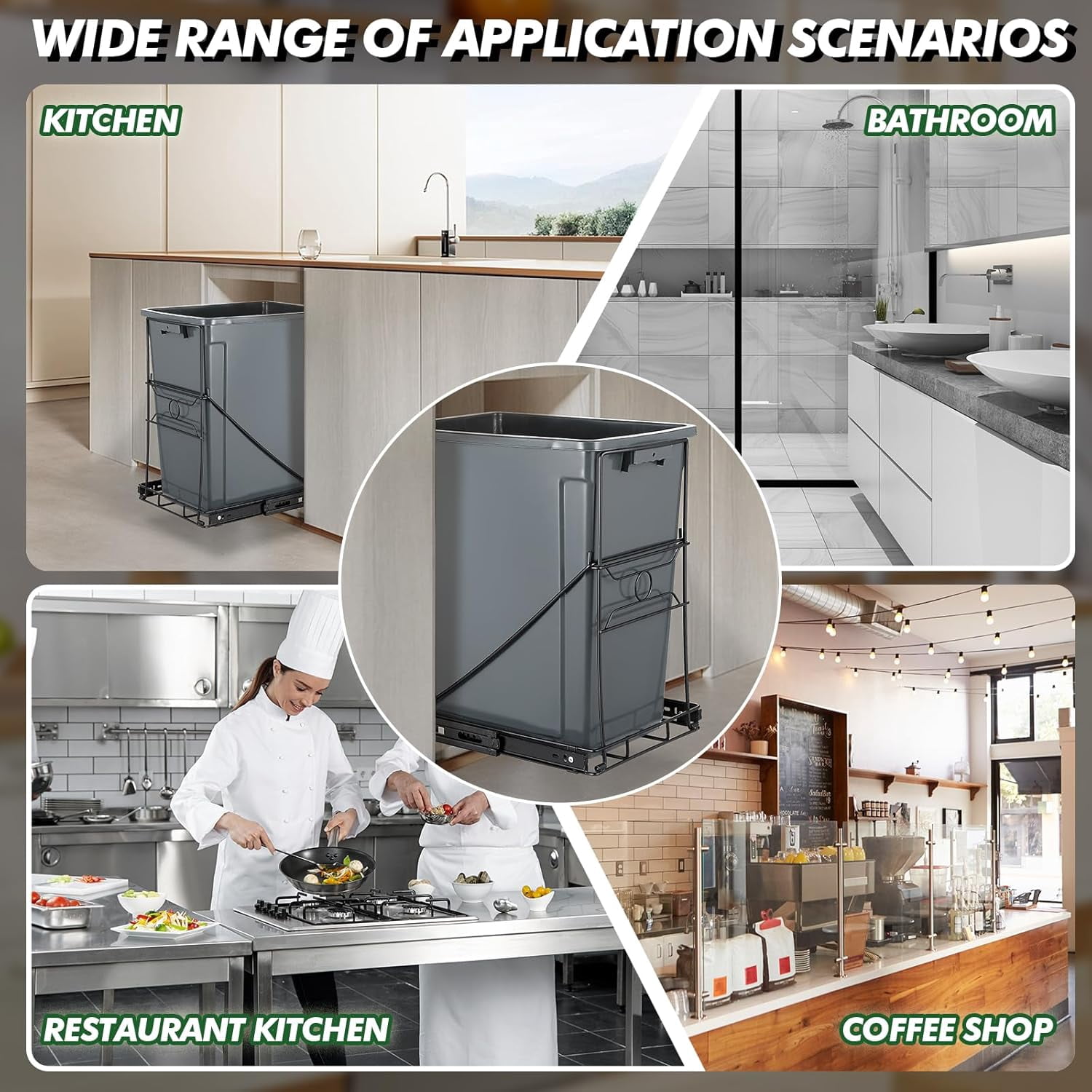 Pull Out Trash Can for Kitchen Cabinet, Stainless Steel Adjustable Slide Out Shelf, Cabinet Trash Can Pull Out Kit, Fits 7-11 Gallon Garbage Bins, Black (Bin Not Included)