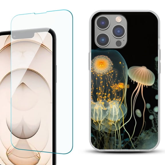 OneToughShield ® for iPhone 15 Pro Max Shockproof Fashion Phone Case, with Tempered Glass Screen Protector - Jellyfish