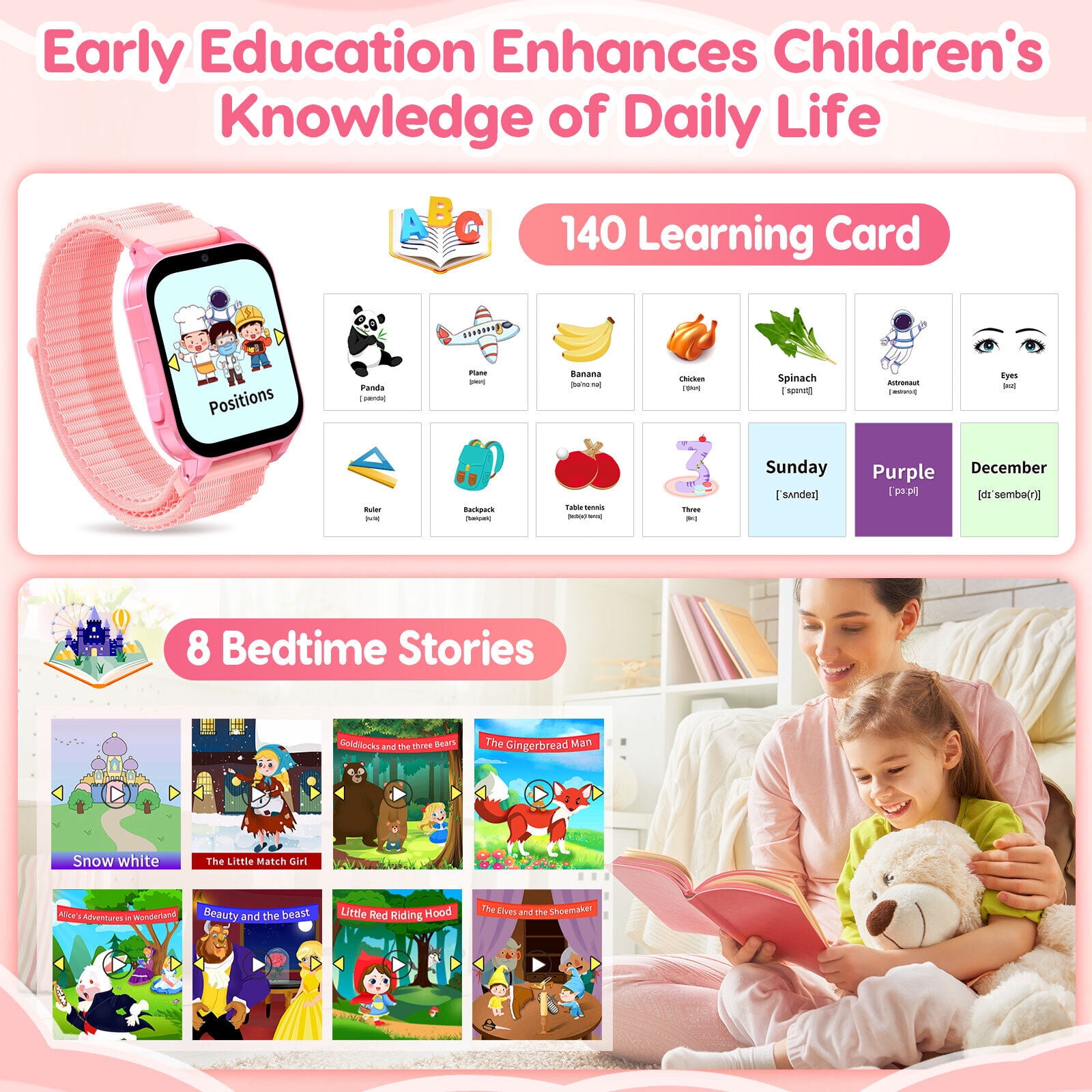 TOPCHANCES Kids Smart Watch for Boys Girls, Touch Screen Smartwatch with 30 Games, 140 Learning Cards, Storytelling, Camera, Video, Music Player, Pedometer (Pink)