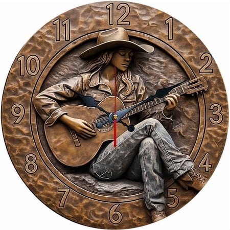 SBEMP10 Inch Silent Wall Clock, 3D Bronze Carved Cowgirl Guitar Decorative Wall Clock, Battery Operated Non-Ticking Round Clock for Living Room Bedroom Western Home Decor