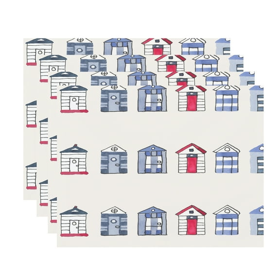 Simply Daisy, 18 x 14 Inch, Multi Beach Hut, Stripe Print Placemat (Set of 4), Ivory