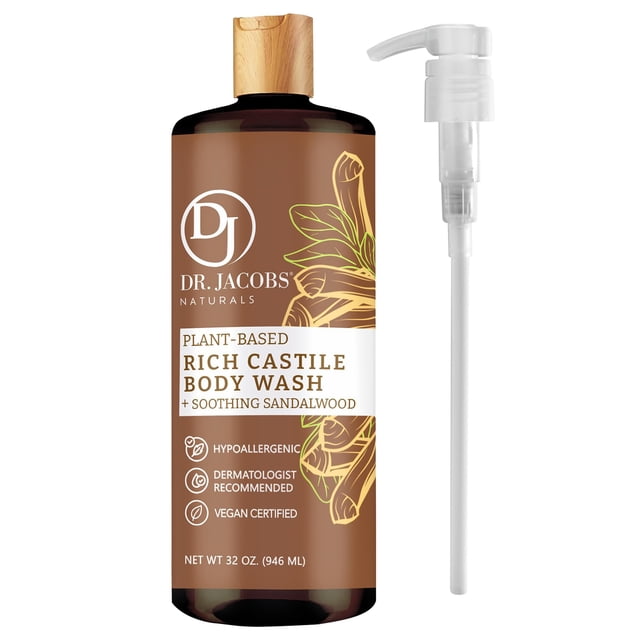 Dr. Jacobs Naturals Jabón corporal natural de sándalo de Castilla para hidratar la piel seca y sensible con ingredientes a base de plantas con bomba, 32 onzas