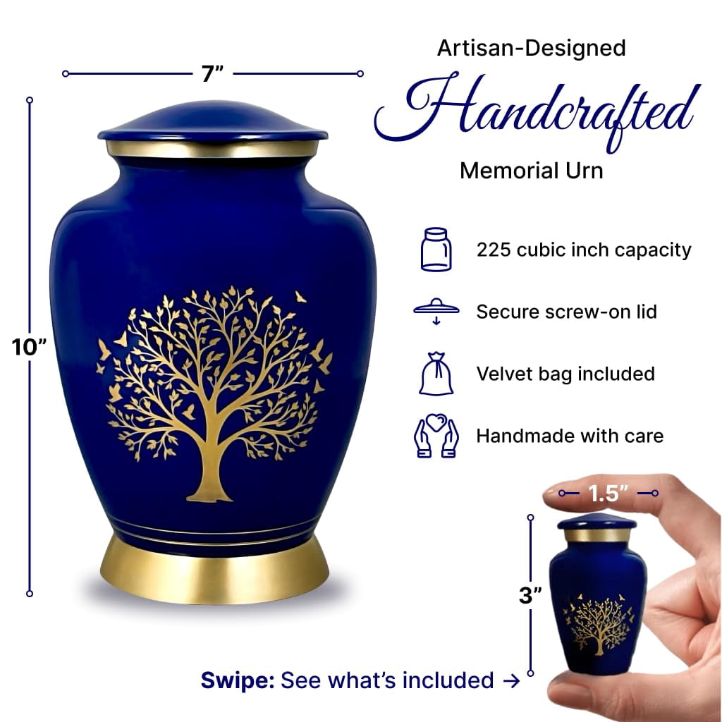 AmericUrn Blue Tree of Life Cremation Urns for Human Ashes – Adult Female and Male Memorial Set of 6 with 1 Large Urn, 4 Keepsake Urns & 1 Necklace Urn