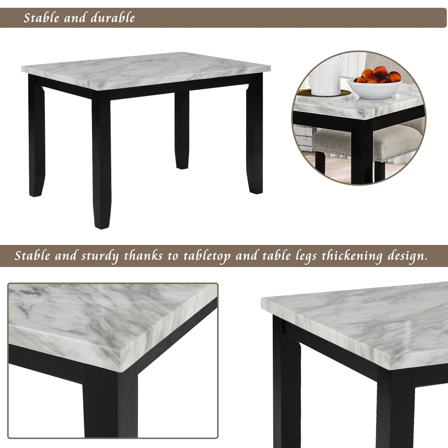 Kepooman 5-Piece Faux Marble Dining Table Set with 4 Thicken Cushion Chairs for Kitchen, White & Beige Kepooman 5-Piece Faux Marble Dining Table Set with 4 Thicken Cushion Chairs for Kitchen, White & Beige