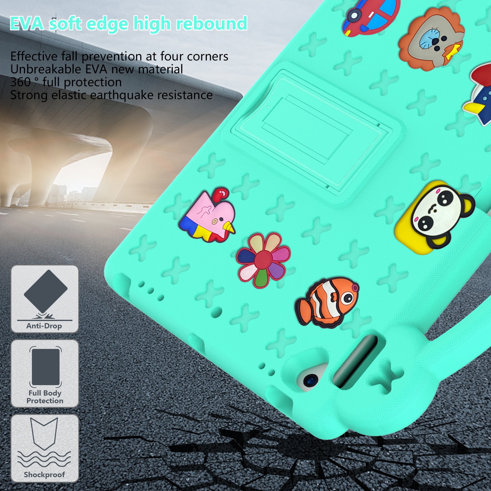 ELEHOLD Kids Case for iPad 9th/8th/7th Gen (2021/2020/2019)10.2 inch, EVA Foam Cute Cartoon Case with Built-in Kickstand Pencil Holder Shockproof Portable Case for iPad 10.2",Mintgreen