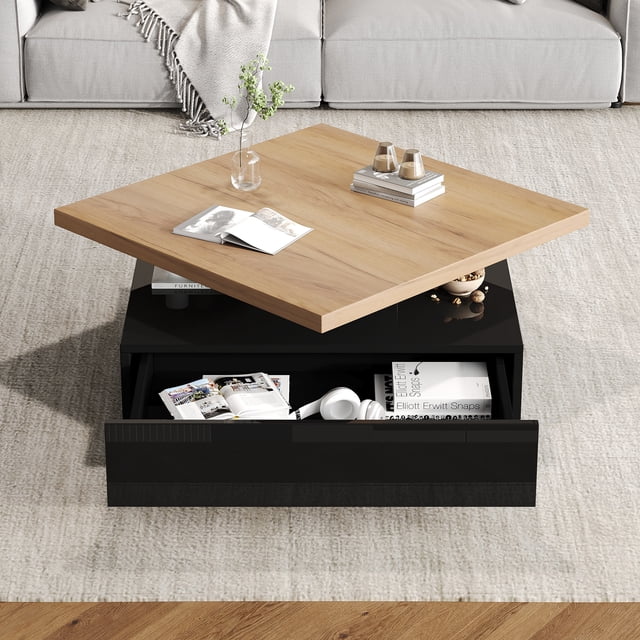 Noble House Square Rotating Coffee Table,360° Rotating High-Gloss Top,Black