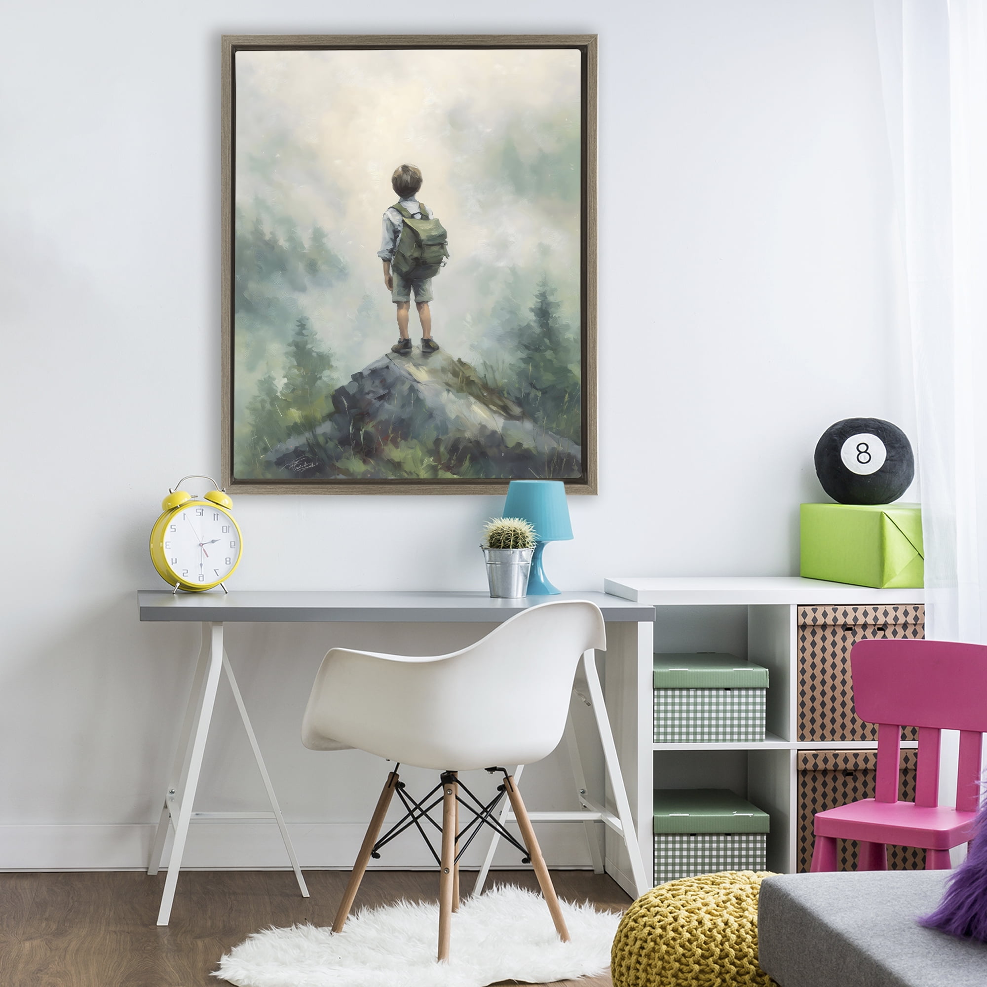 Boy Adventurer Atop Mountain Brown Framed Floater Canvas Wall Art, design by Arlington Prints