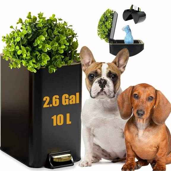Small Metal Trash Can with Lid - Dog Poop Trash Can Outside with Pedal - 10 Liters Pet Waste Container Outdoor - Plant-Styled Poop Bucket - 2.6 Gal Stainless Steel Garbage Bin - Black and Gold